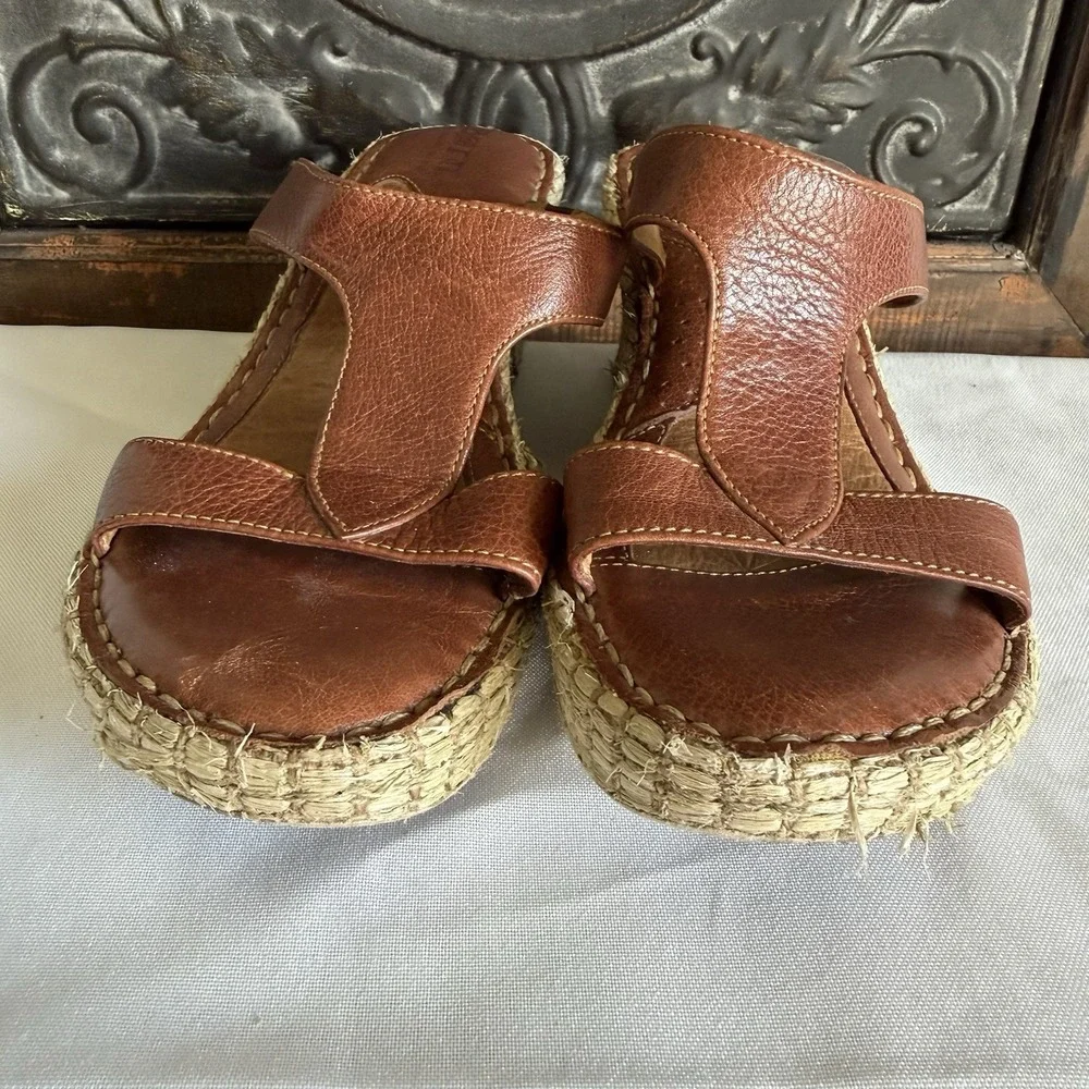 Born Brown Leather Woven Espridrille Wedge Platform  Sandal Women 6 US. 36.5 EU
